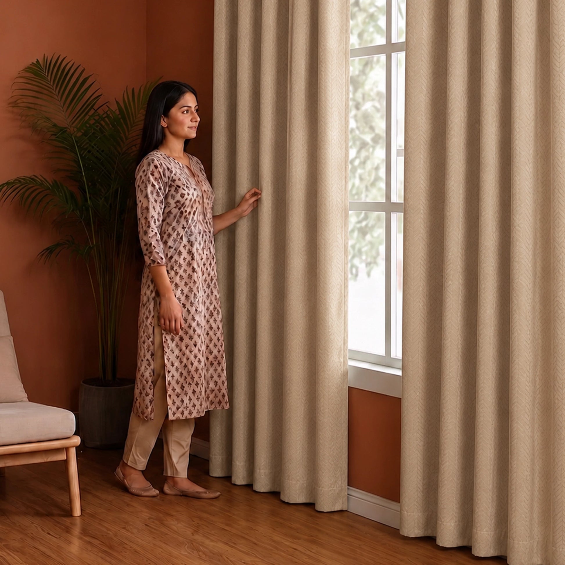 Fort Essential Embossed - Eyelet Black Backing Blackout Curtain (Beige)-5