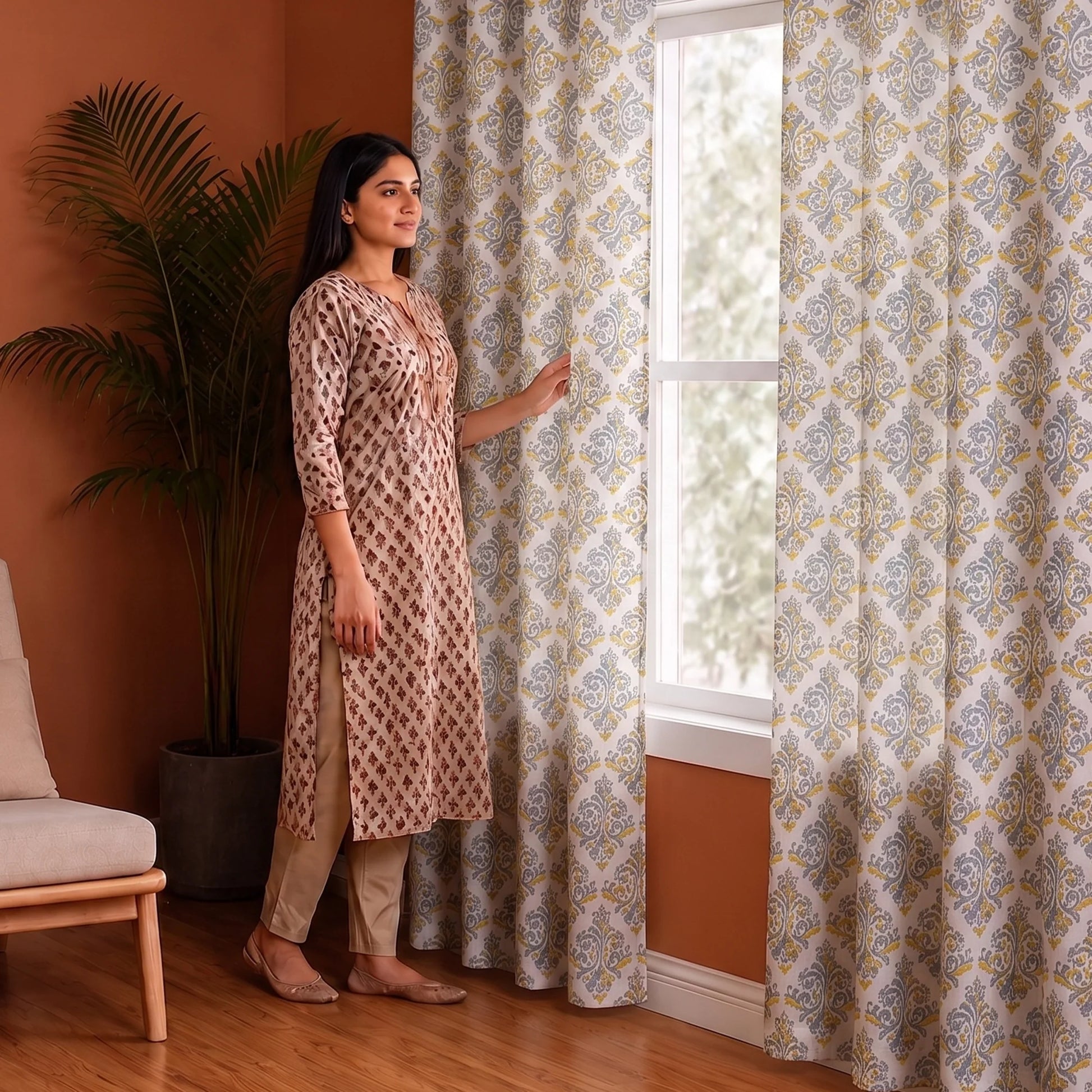 Imprimer Ikat - Printed Semi Blackout Curtain (Yellow)-5