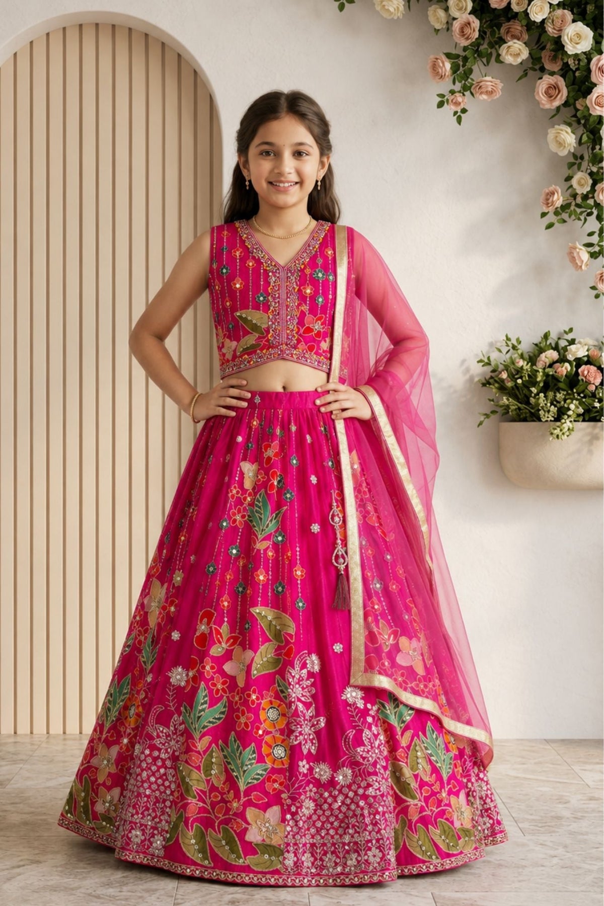 Rani Pink Floral Printed Embroidered Lehenga Choli with Dupatta