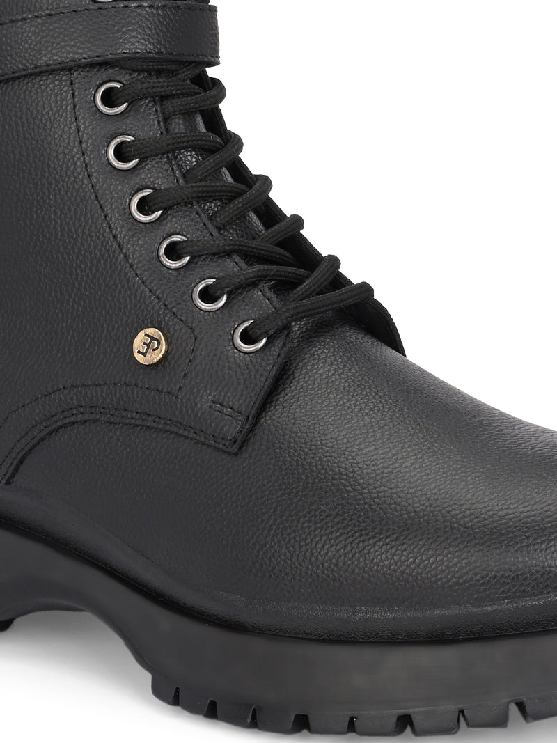 El Paso Women Black Faux Leather Casual Lace Up Boots-3