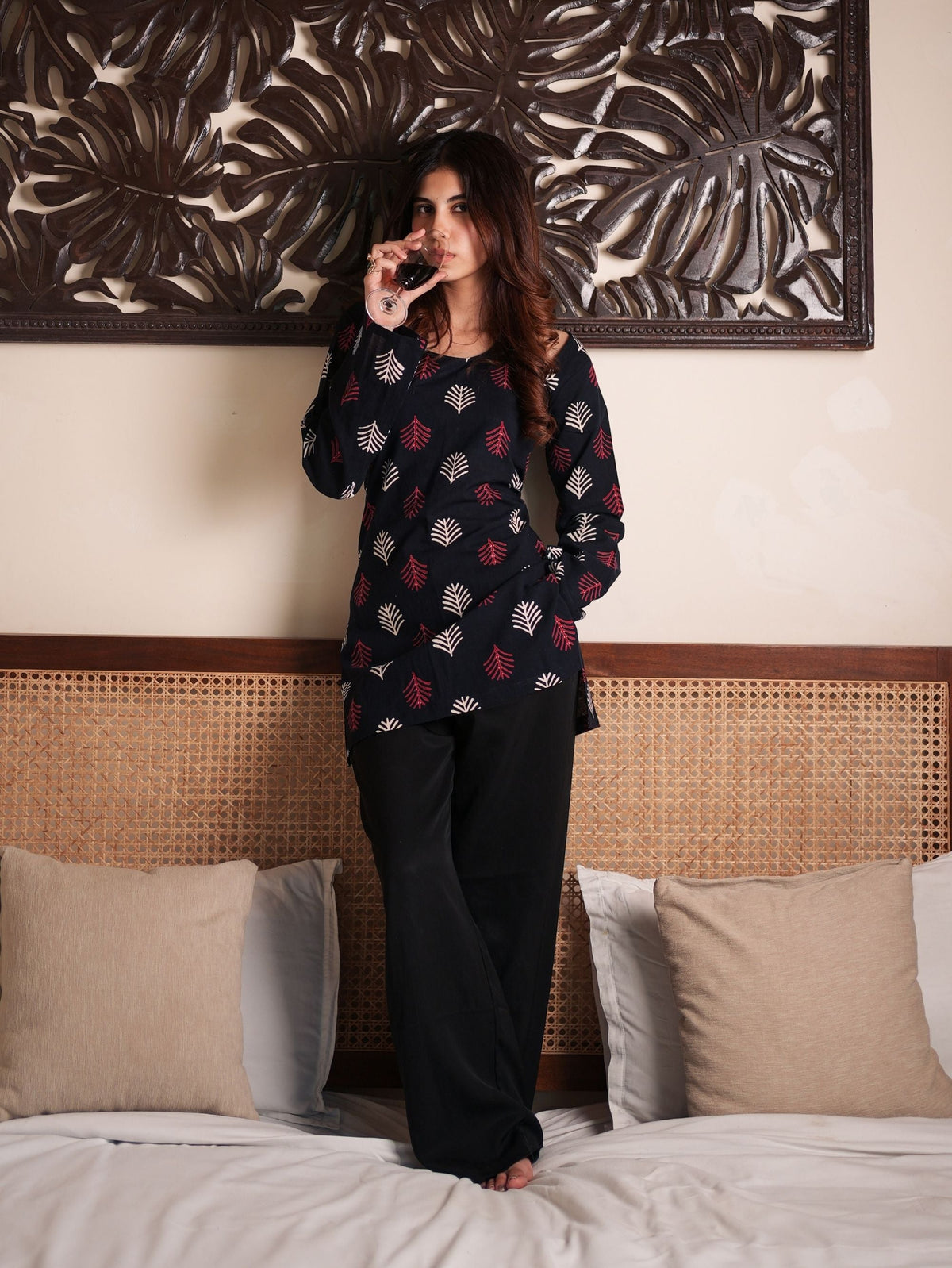 Moonlight Black Cotton Short Kurti with Handblock Print