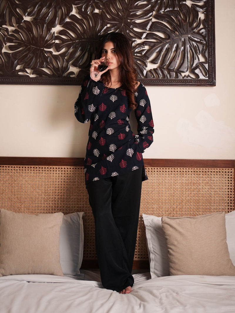 Moonlight Black Cotton Short Kurti with Handblock Print
