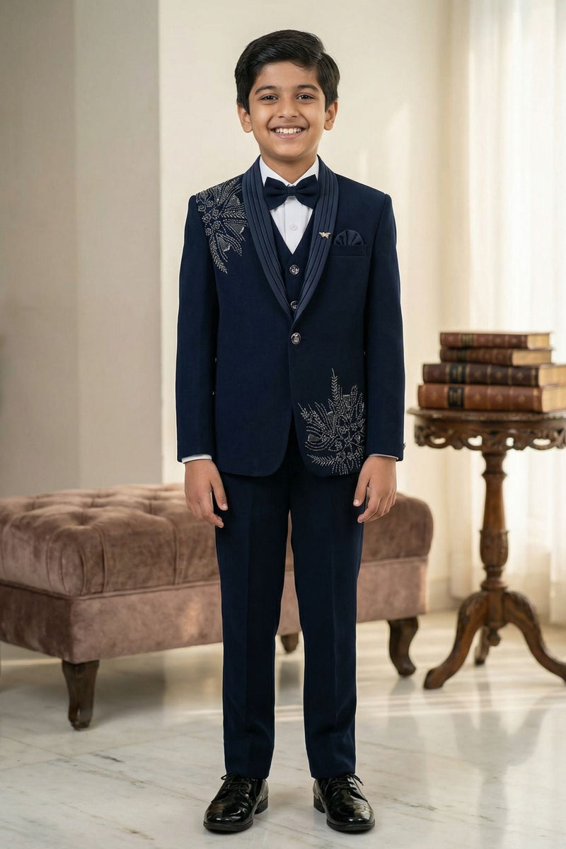 Navy Blue Embroidered 5-Piece Suit Set For Boys