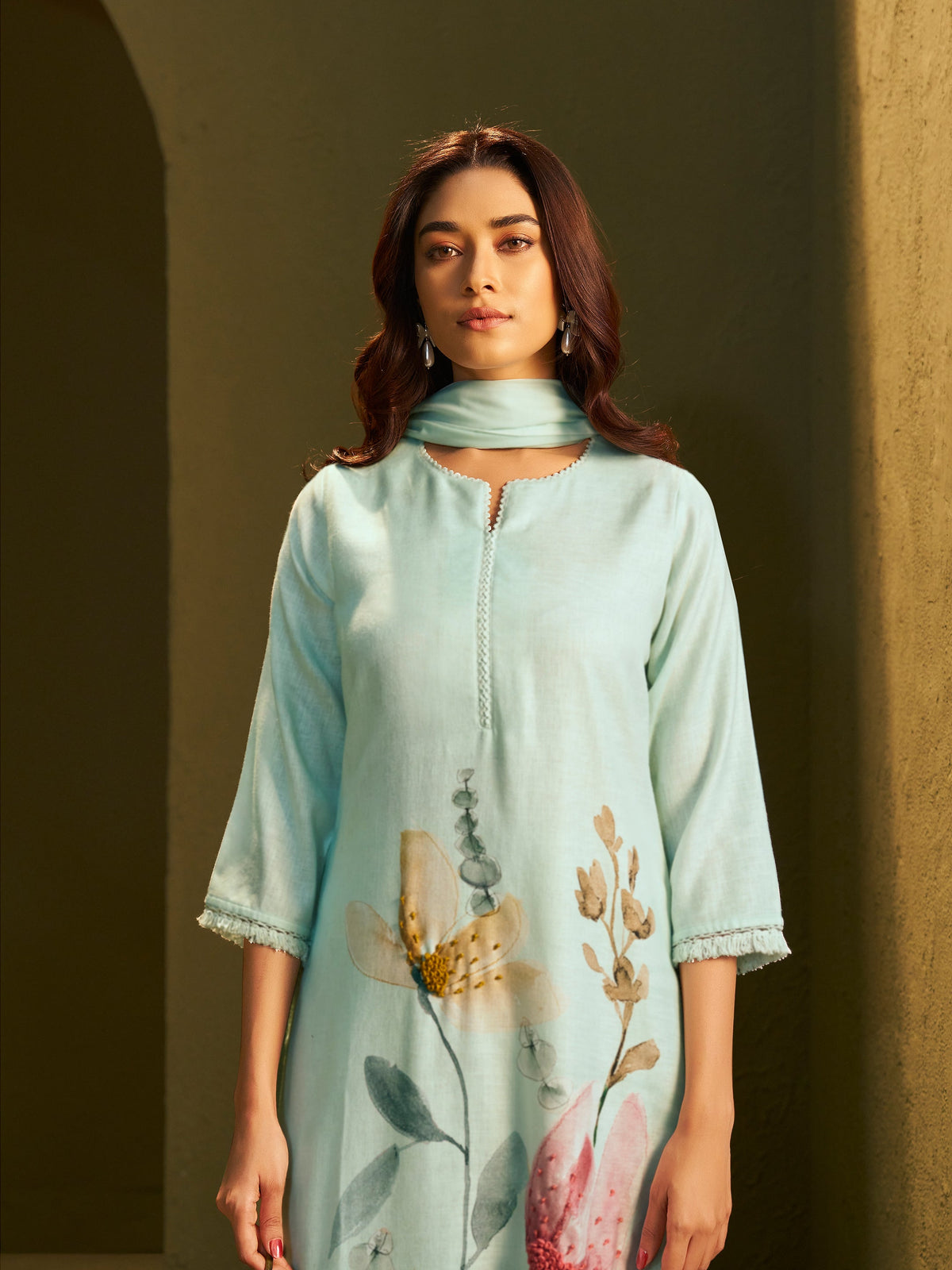 Charvi Sea Green Linen Printed Set