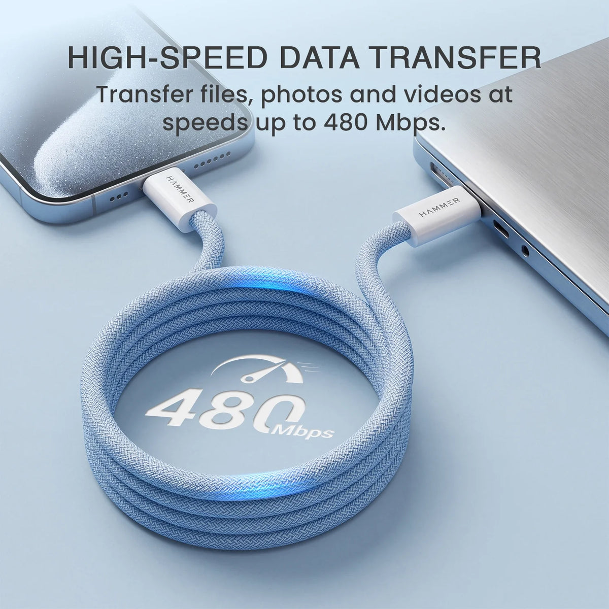Hammer 60W Magnetic Braided USB Type-C to C Fast Charging & Data Transfer Cable, Durable Tangle Free Design (Blue)-2