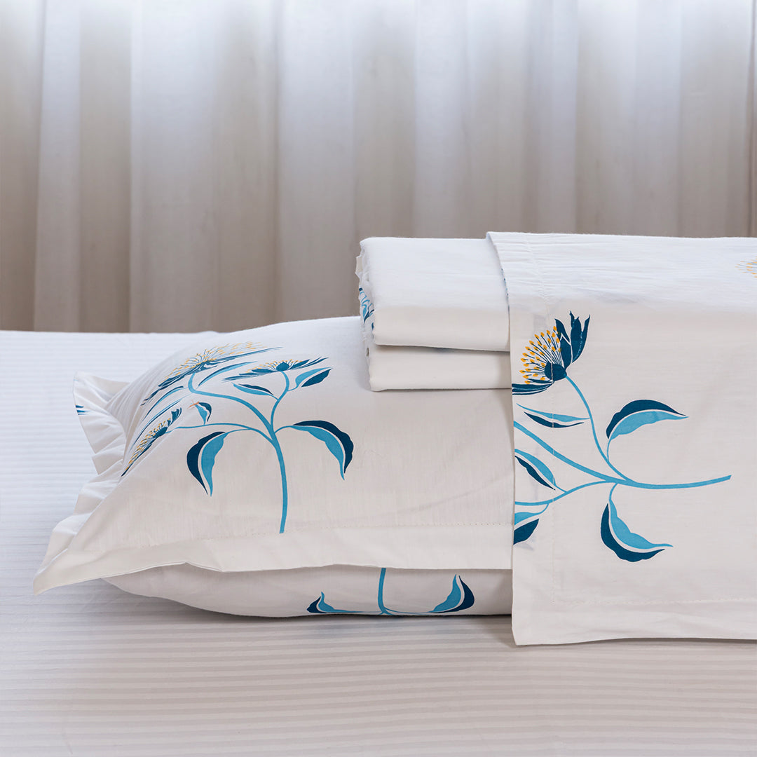 Wild Grace Flower - Floral Bedsheet (Turquoise & Blue)-5