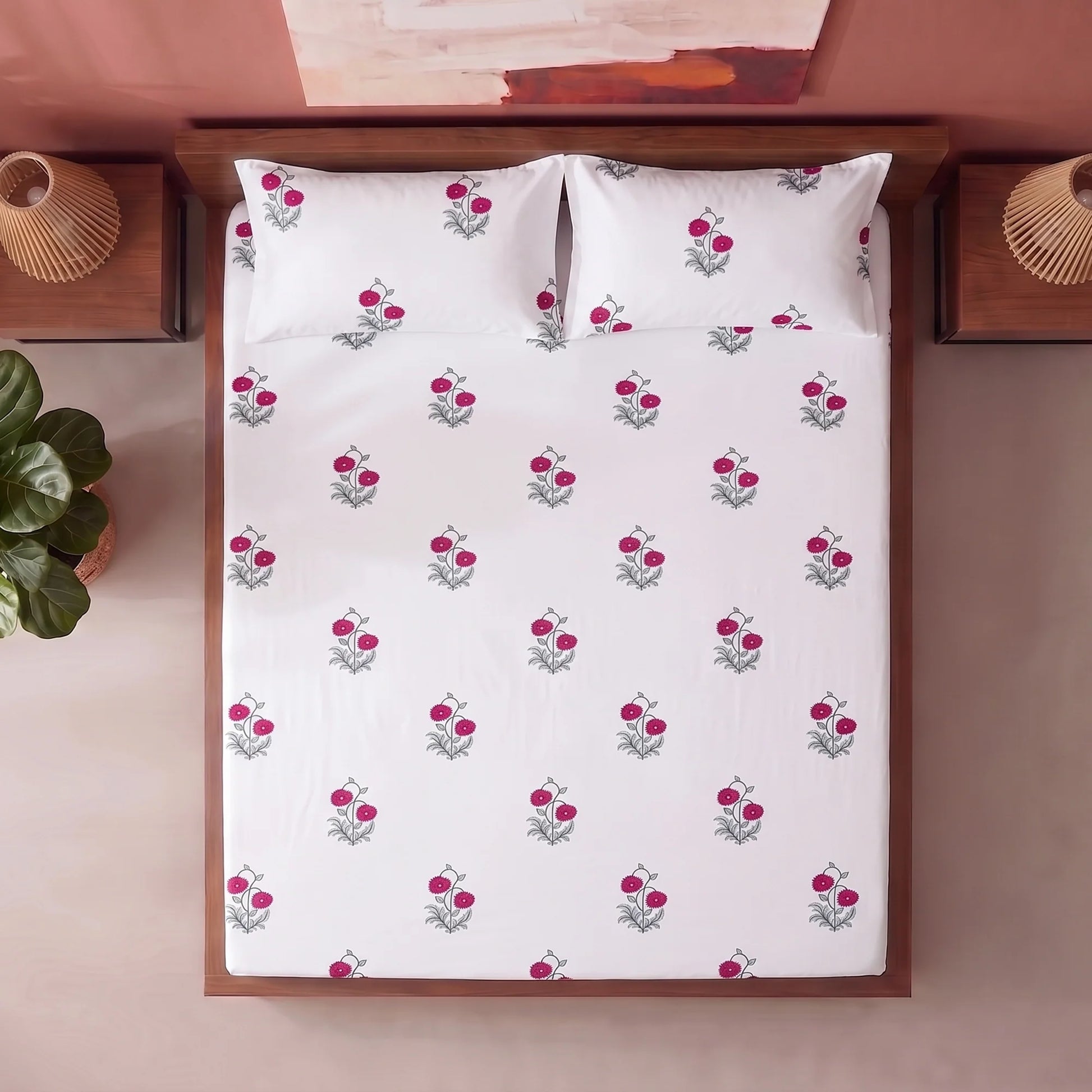 Imprimer Vignette - Floral Printed Fitted Bedsheet (Red)-5