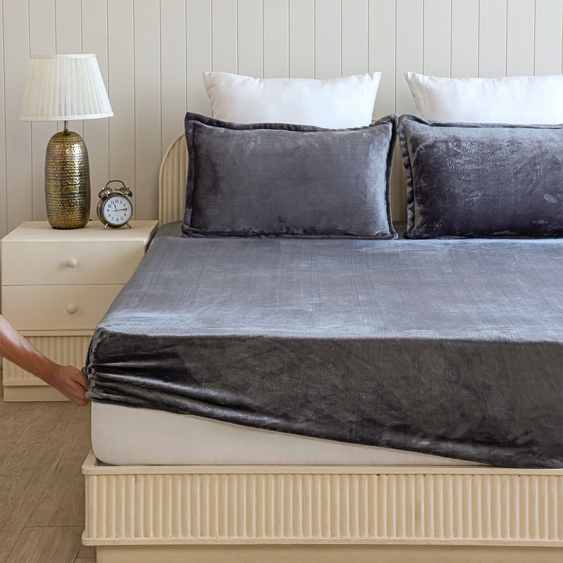 Homemonde Lightweight - Fleece Fitted Bedsheet (Grey)-5