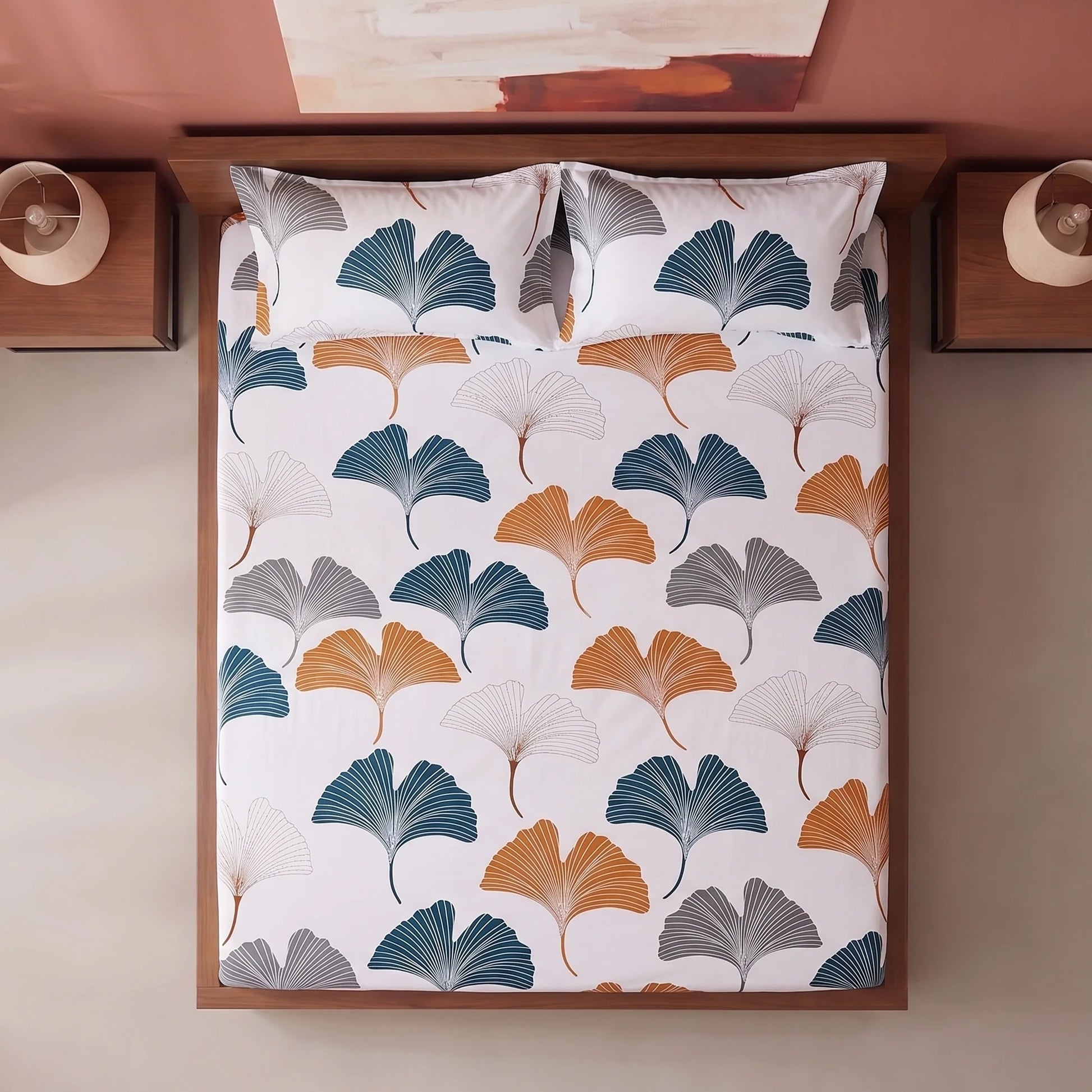 Imprimer Ginkyo - Floral Printed Fitted Bedsheet (Mustard & Grey)-5