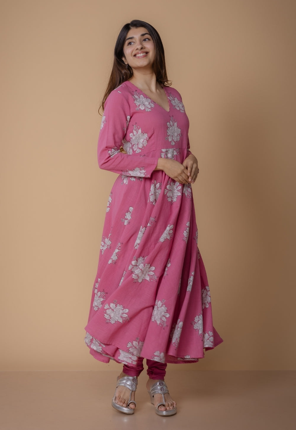 Ruvika Pink Dabu Slub Cotton A Line Kurta
