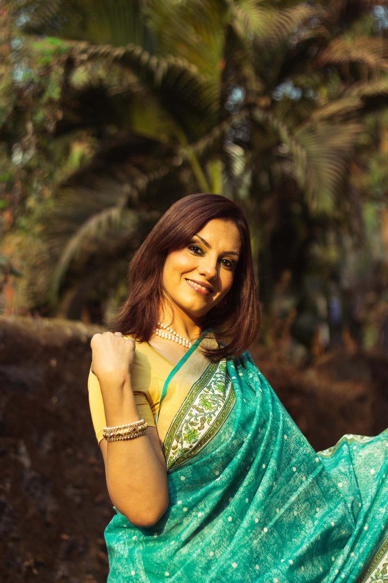 Cotton Kasavu Saree,Tree of Life Design • Sea Green-3