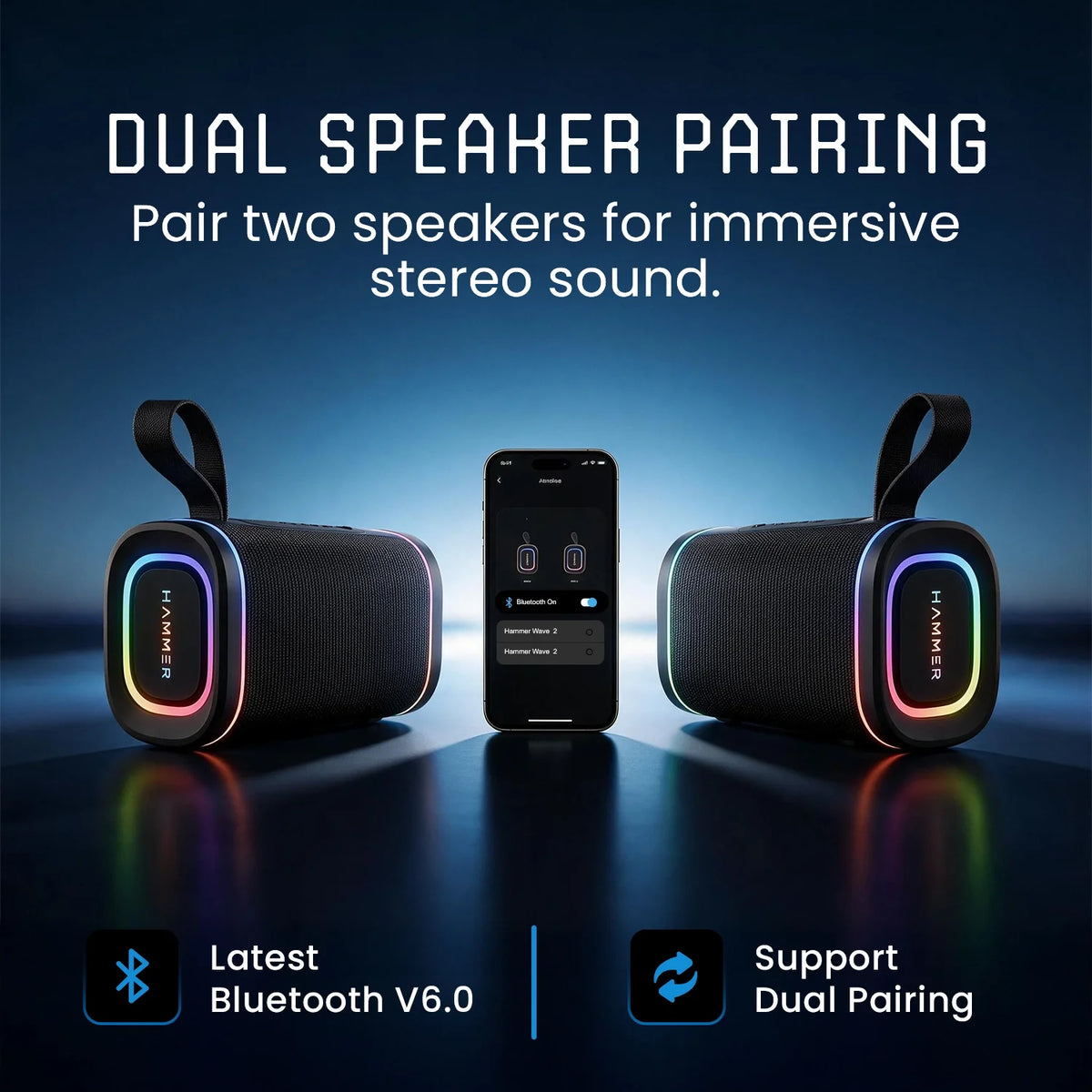 Hammer Wave 2 Bluetooth Speaker 20W RMS with Deep Bass, RGB Lights, Dual Pairing (Black)-6