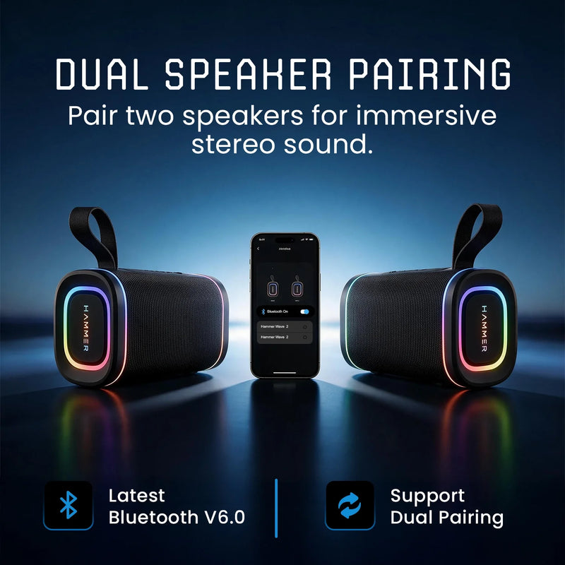 Hammer Wave 2 Bluetooth Speaker 20W RMS with Deep Bass, RGB Lights, Dual Pairing (Black)-6