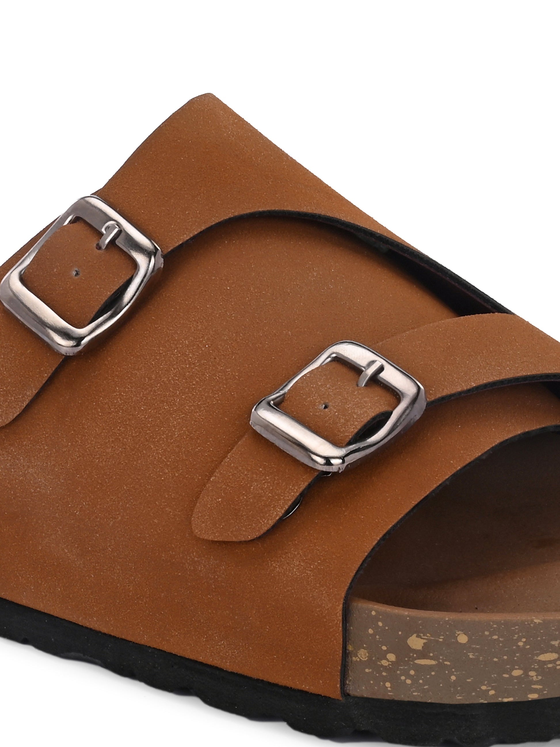 Tan Men's casual buckle strap sandal with slip-on closure
