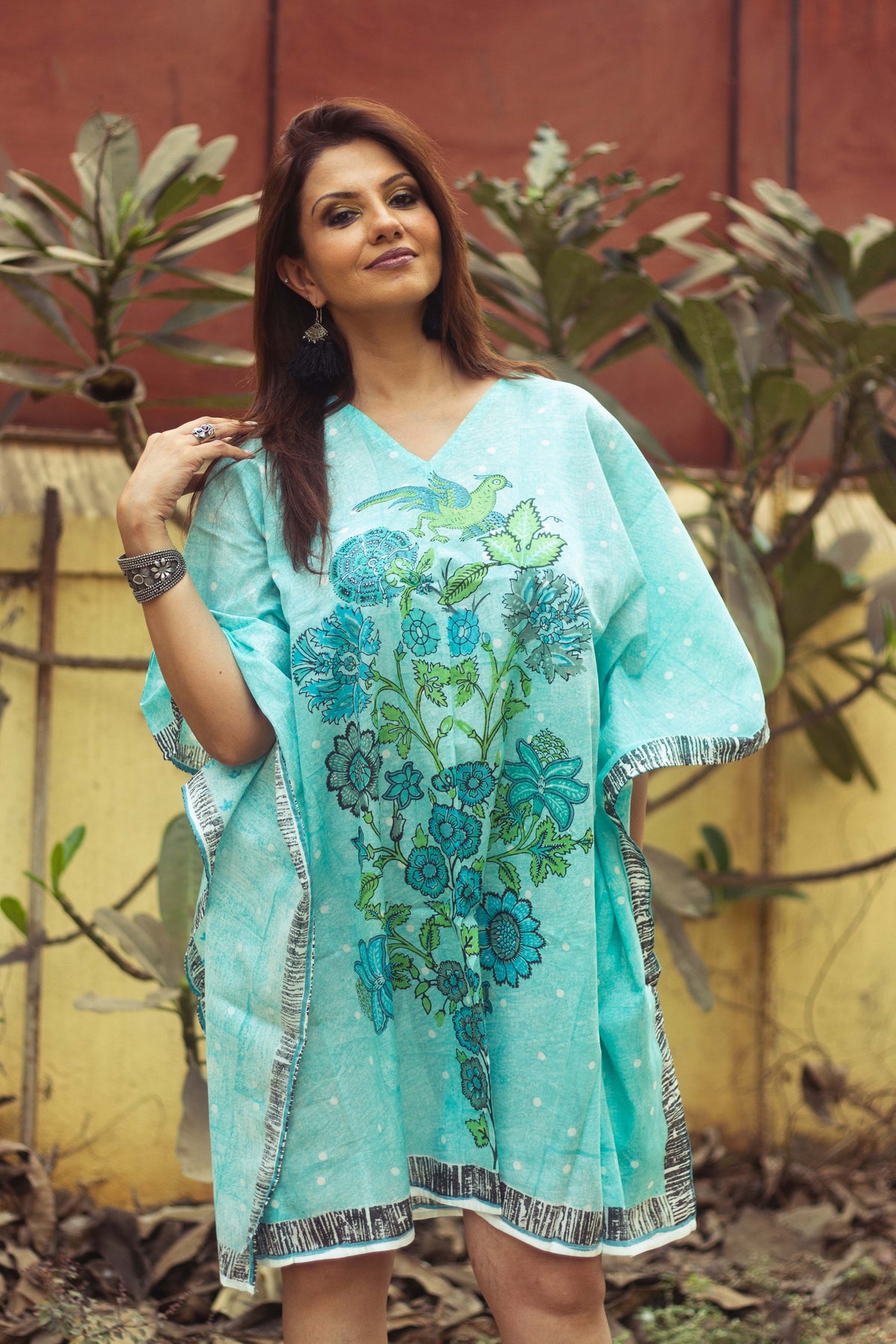 Hand Block Printed and Hand Painted Cotton Mul Kaftan · Teal Tree Of Life-5