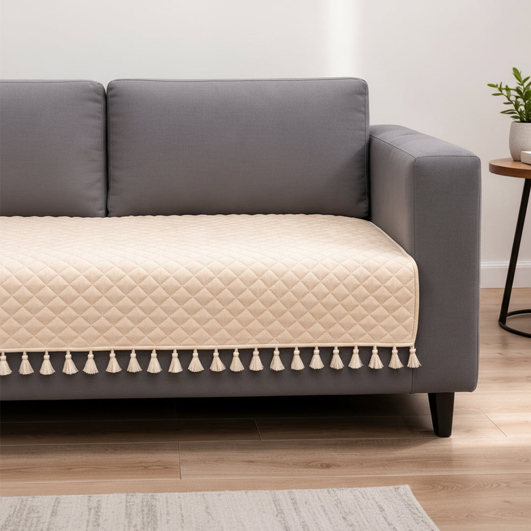 Quilted Velvet Sofa Cover with Tassels (Beige)-7