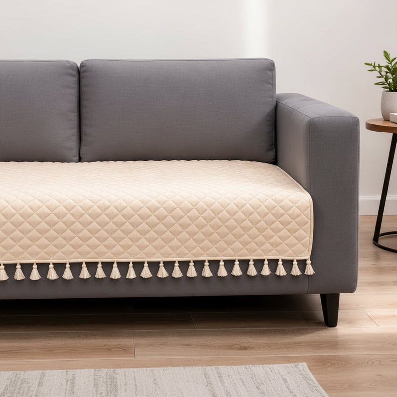 Quilted Velvet Sofa Cover with Tassels (Beige)-7