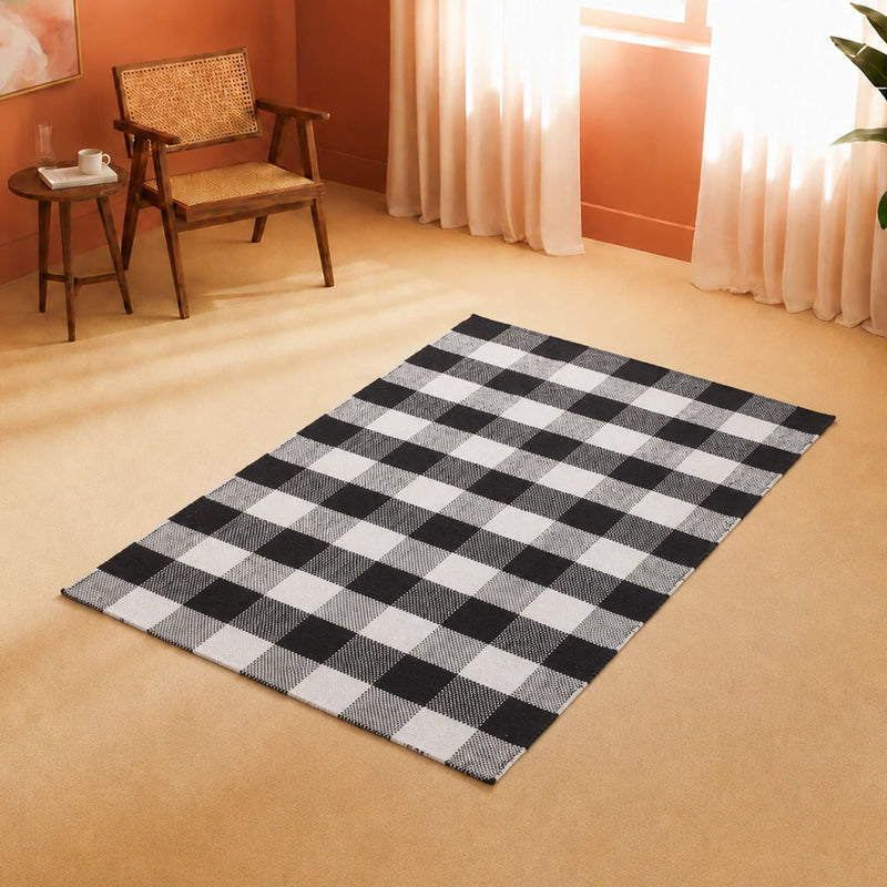 Breton Shadowplay - Plaid Cotton Rug (Black & White)-6