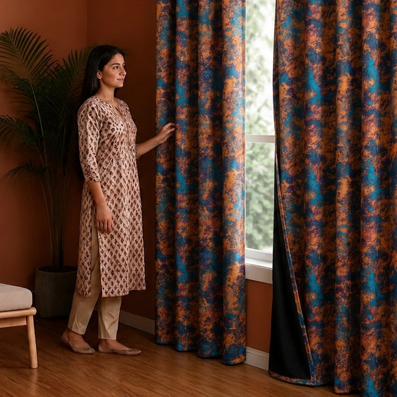 Imprimer Abstract - Digital Printed Blackout Curtain (Turquoise & Mustard)-5