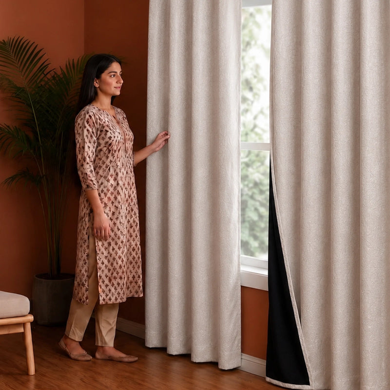 Fort Essential Abstract - Eyelet Black Backing Blackout Curtain (Off White)-5