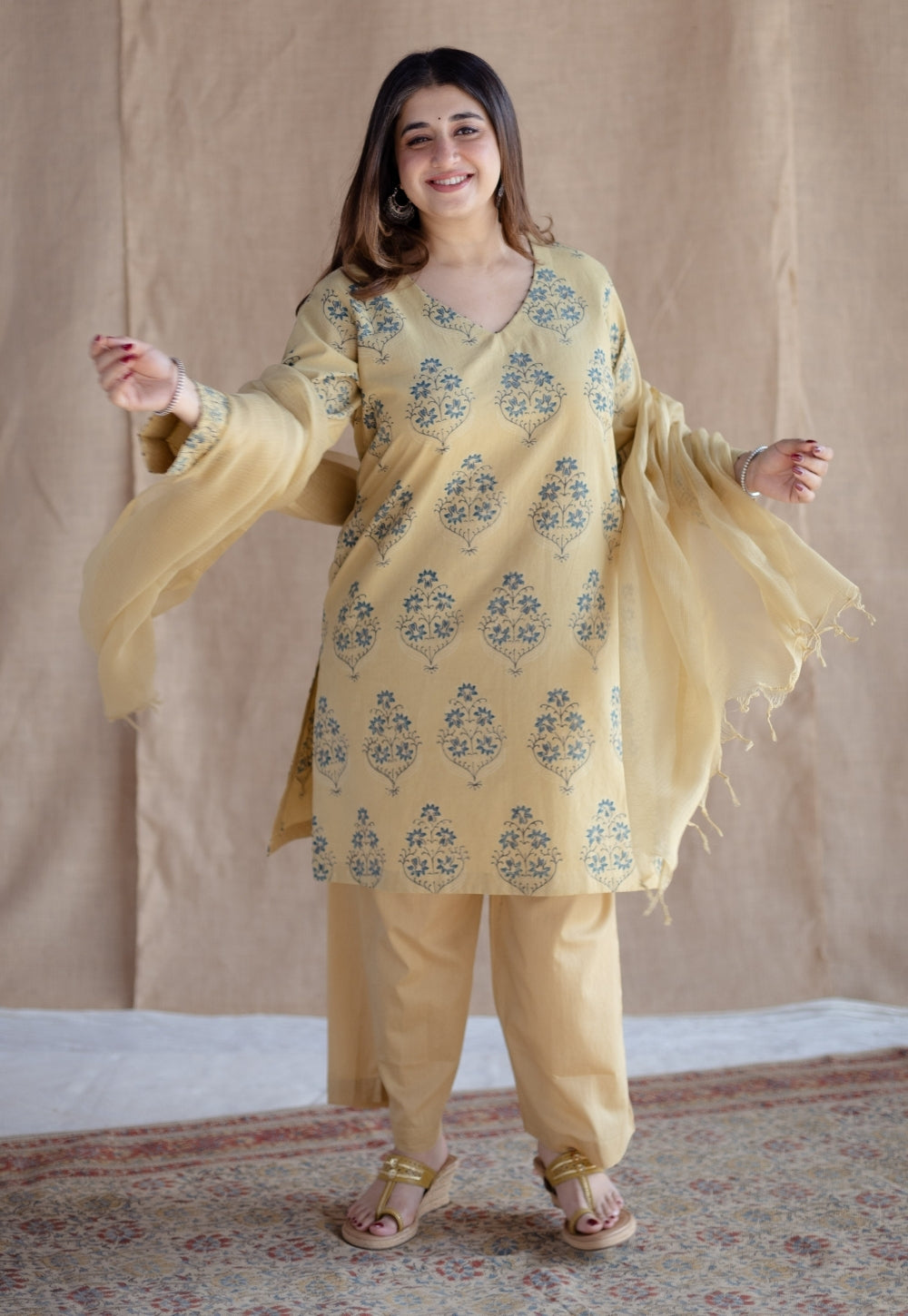 Kavya Yellow Ajrakh Cotton Straight Kurta with Hand Embroidery