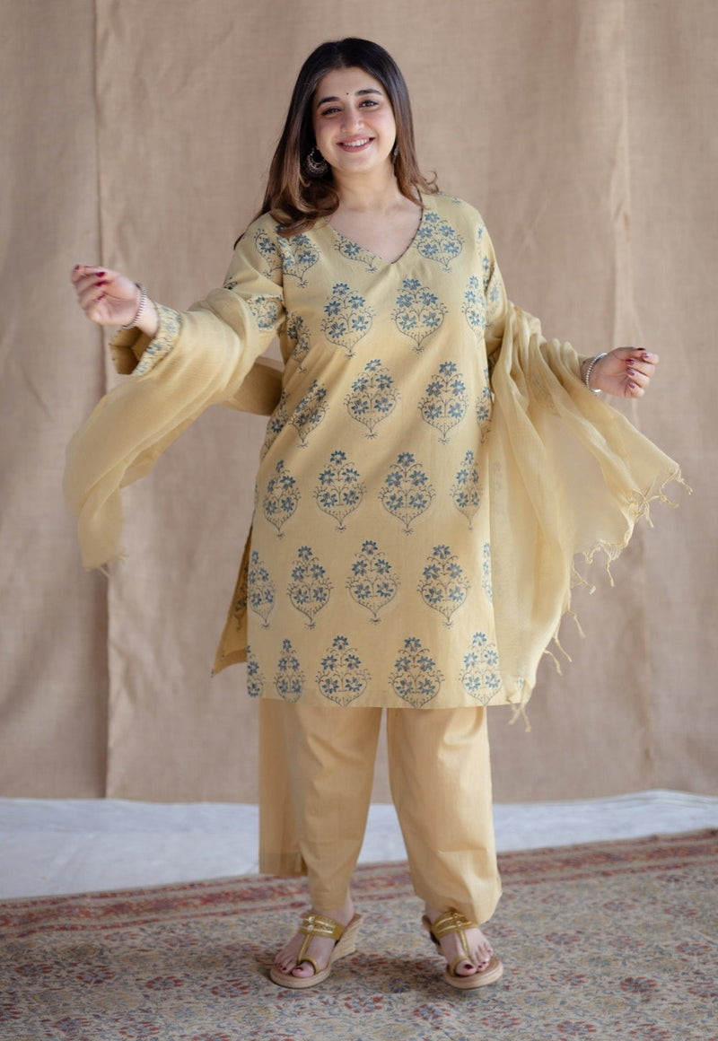 Kavya Yellow Ajrakh Cotton Straight Kurta with Hand Embroidery