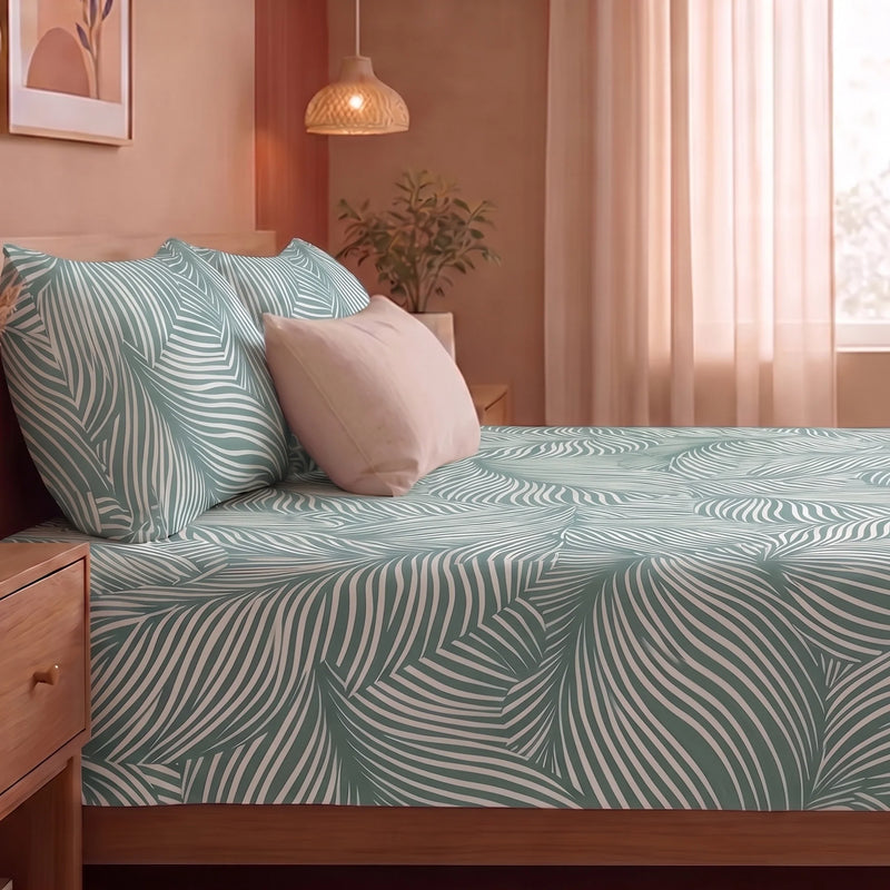 Mint Green Feather - Bedsheet (Green & White)-5