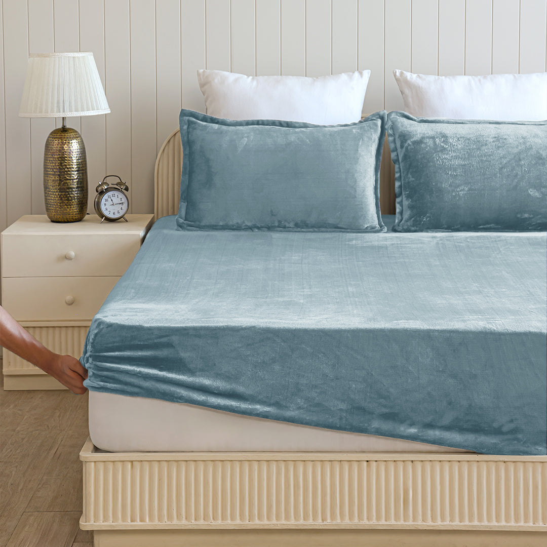 Homemonde Lightweight - Fleece Fitted Bedsheet (Frost Blue)-5