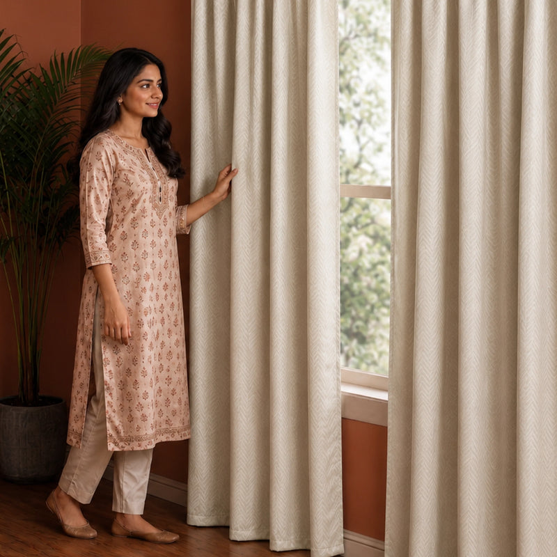 Fort Essential Embossed - Rod Pocket Black Backing Blackout Curtain (Off White)-5