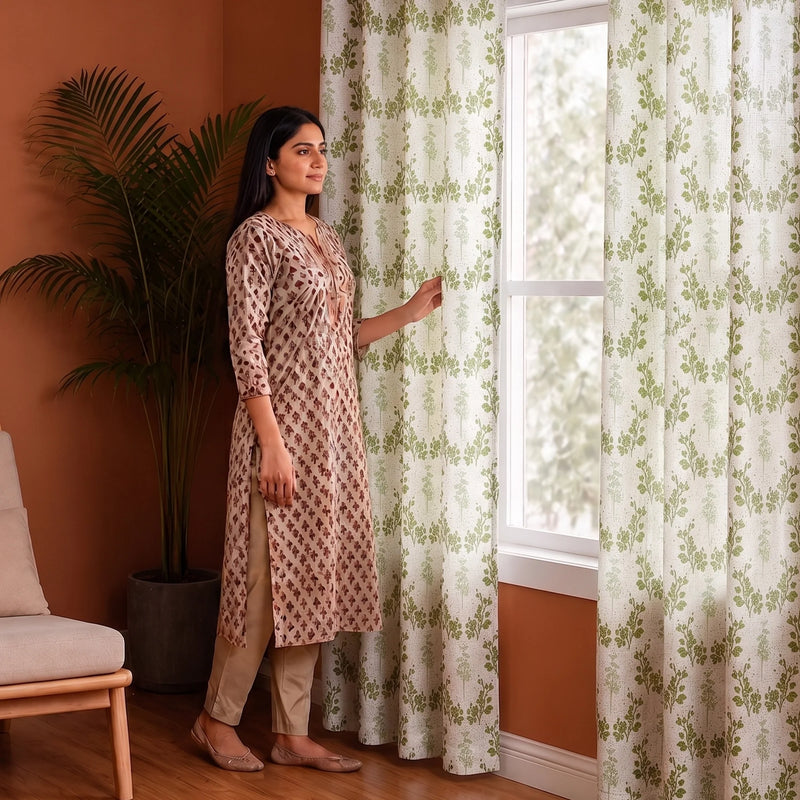 White Floral Botanic Hush Eyelet Printed duck Curtain-5