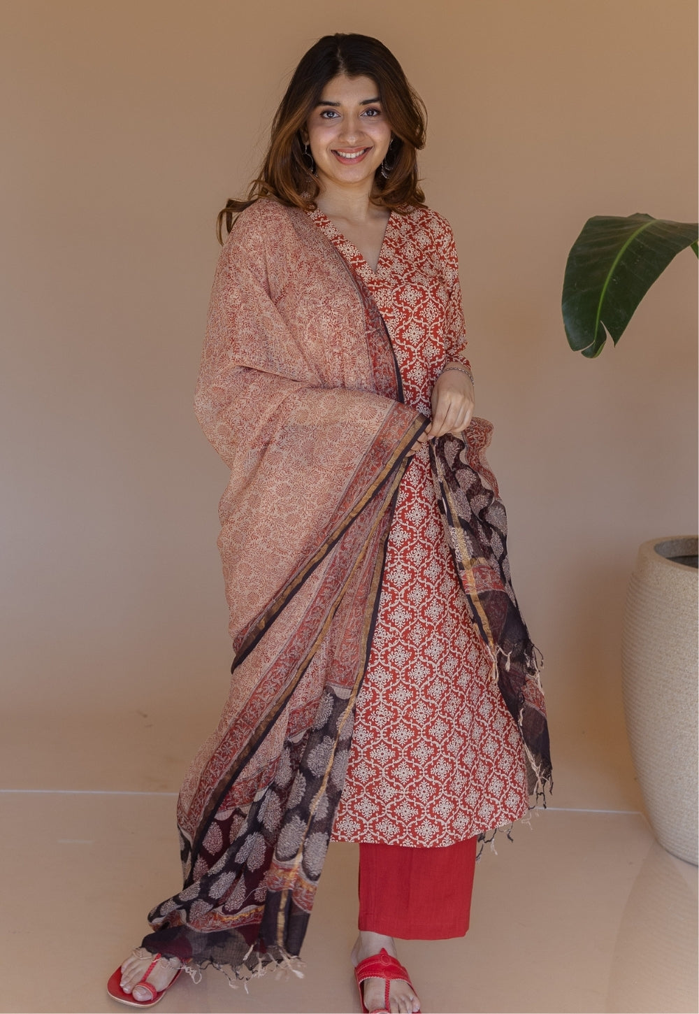 Avika Red Bagru Cotton Straight Kurta