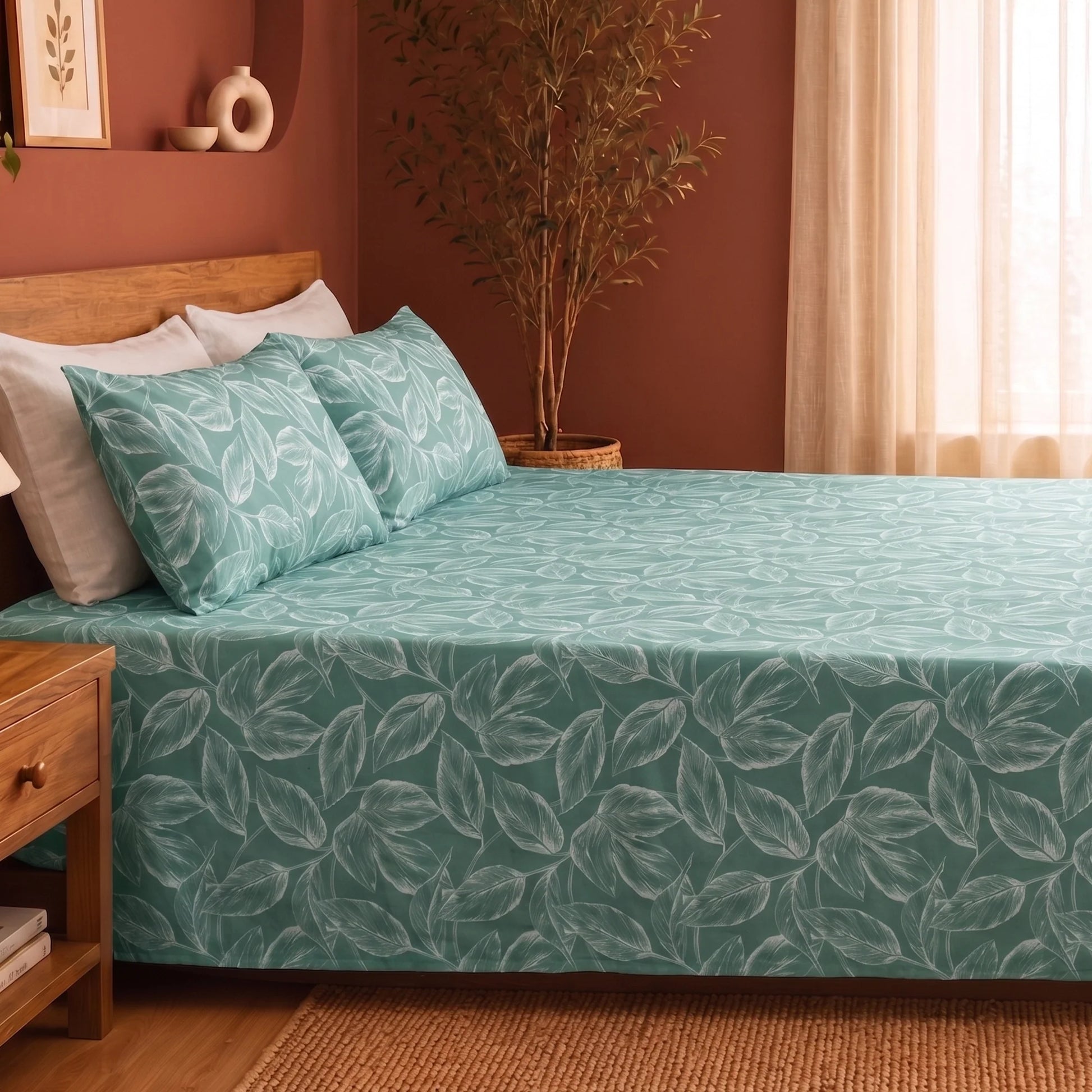 Imprimer Lilac - Leaf Printed Bedsheet (Aqua Blue)-5