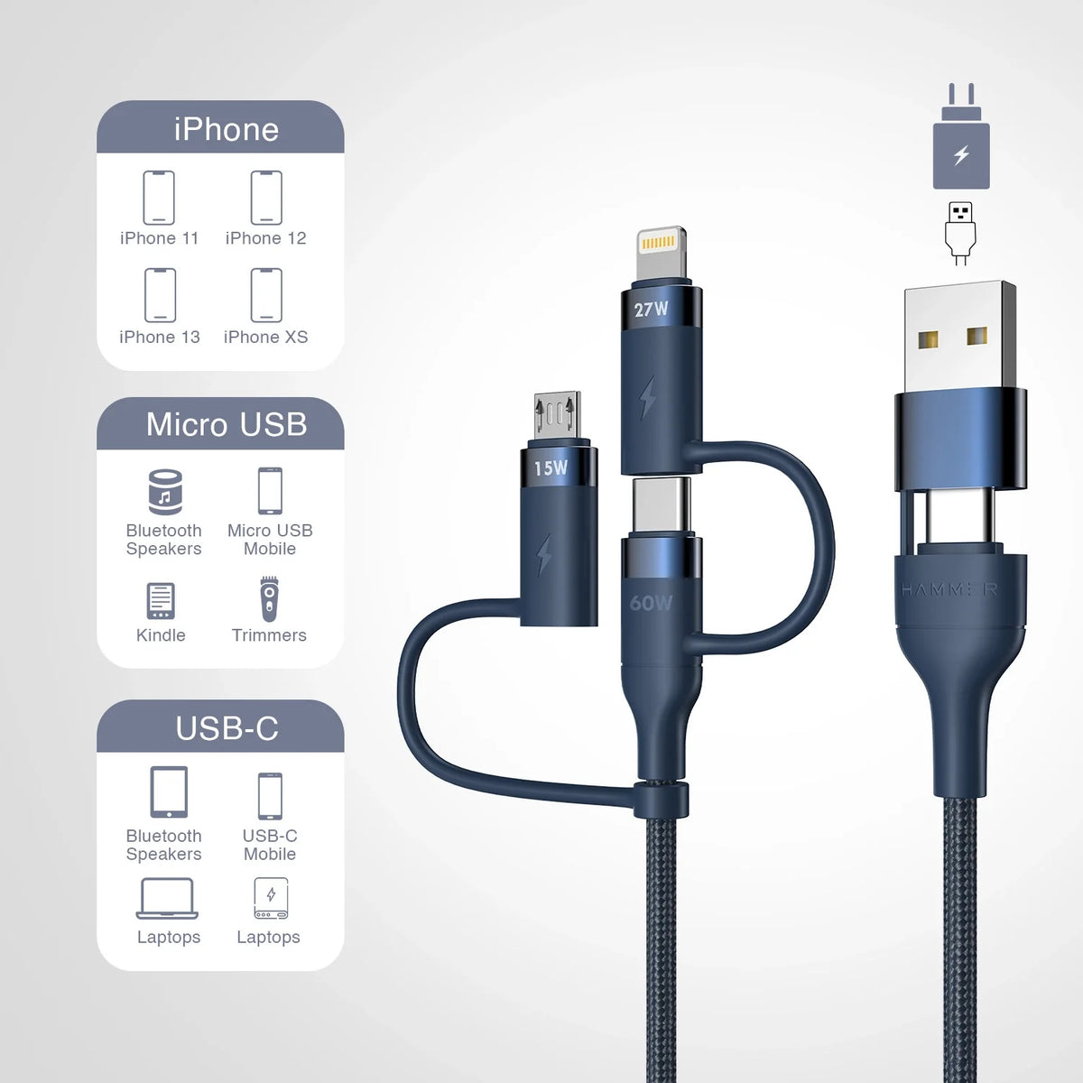 HAMMER 60W 5 in 1 Cable, PD Fast Charging Cable, USB C/A to 60W Type C / 15W Micro / 27W Lightning - Blue-6