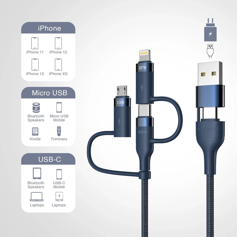 HAMMER 60W 5 in 1 Cable, PD Fast Charging Cable, USB C/A to 60W Type C / 15W Micro / 27W Lightning - Blue-6