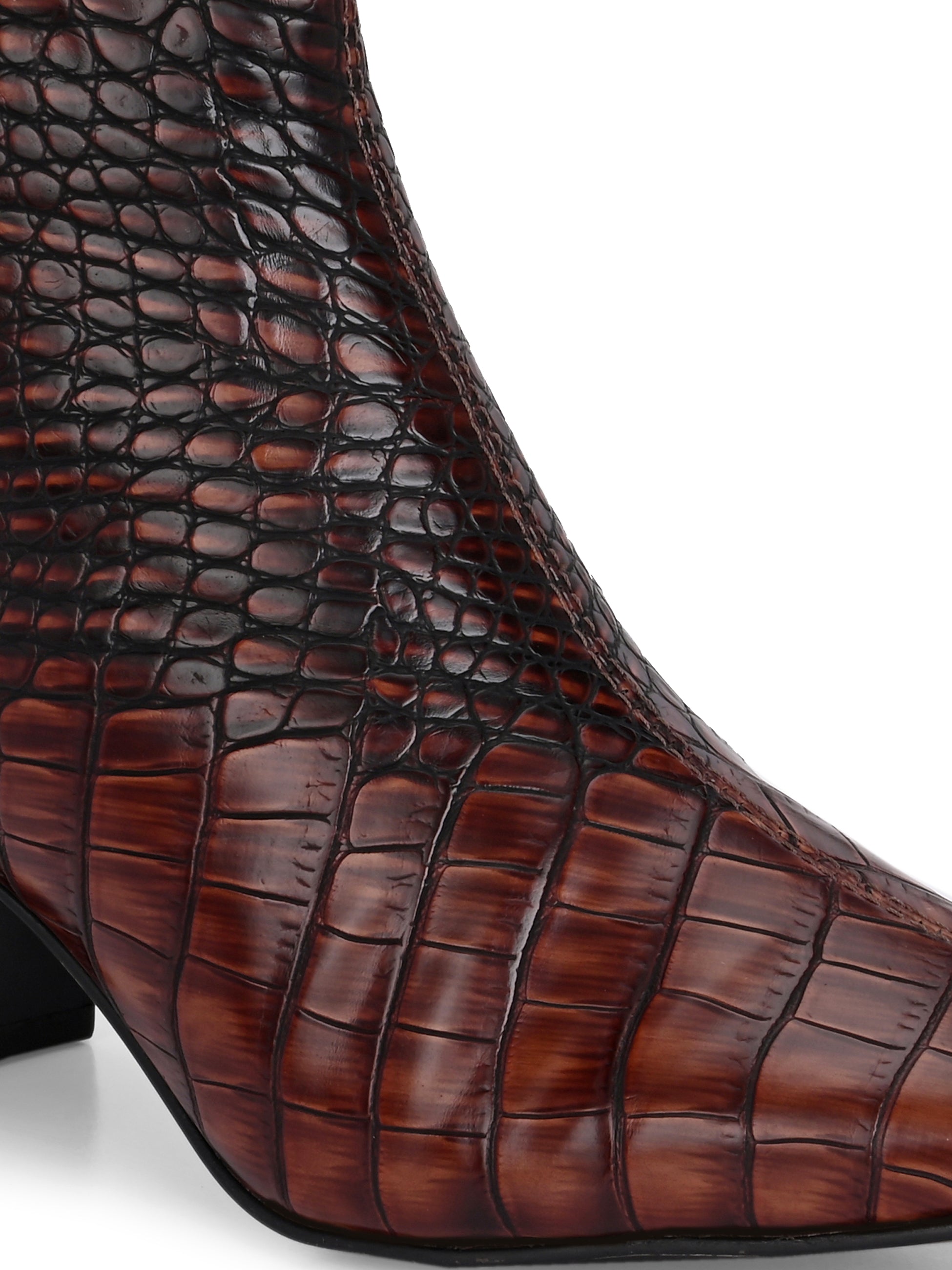 Brown crocodile-patterned high heel boot with a block heel and El Paso branding.