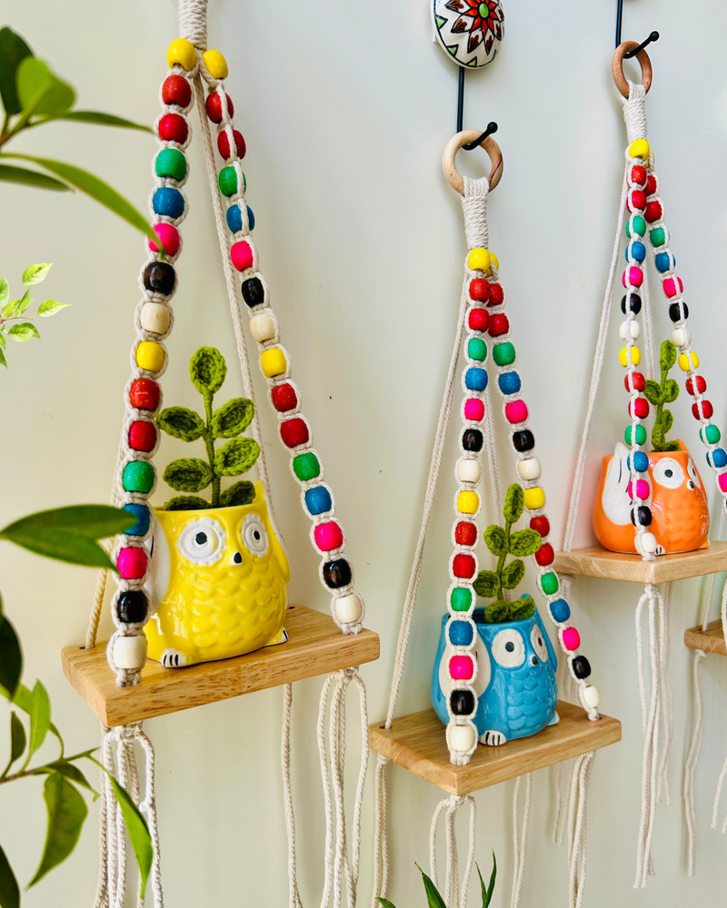 Colorful Macrame Beaded’ Mini Wall Shelves with ceramic hooks and ceramic owl planters