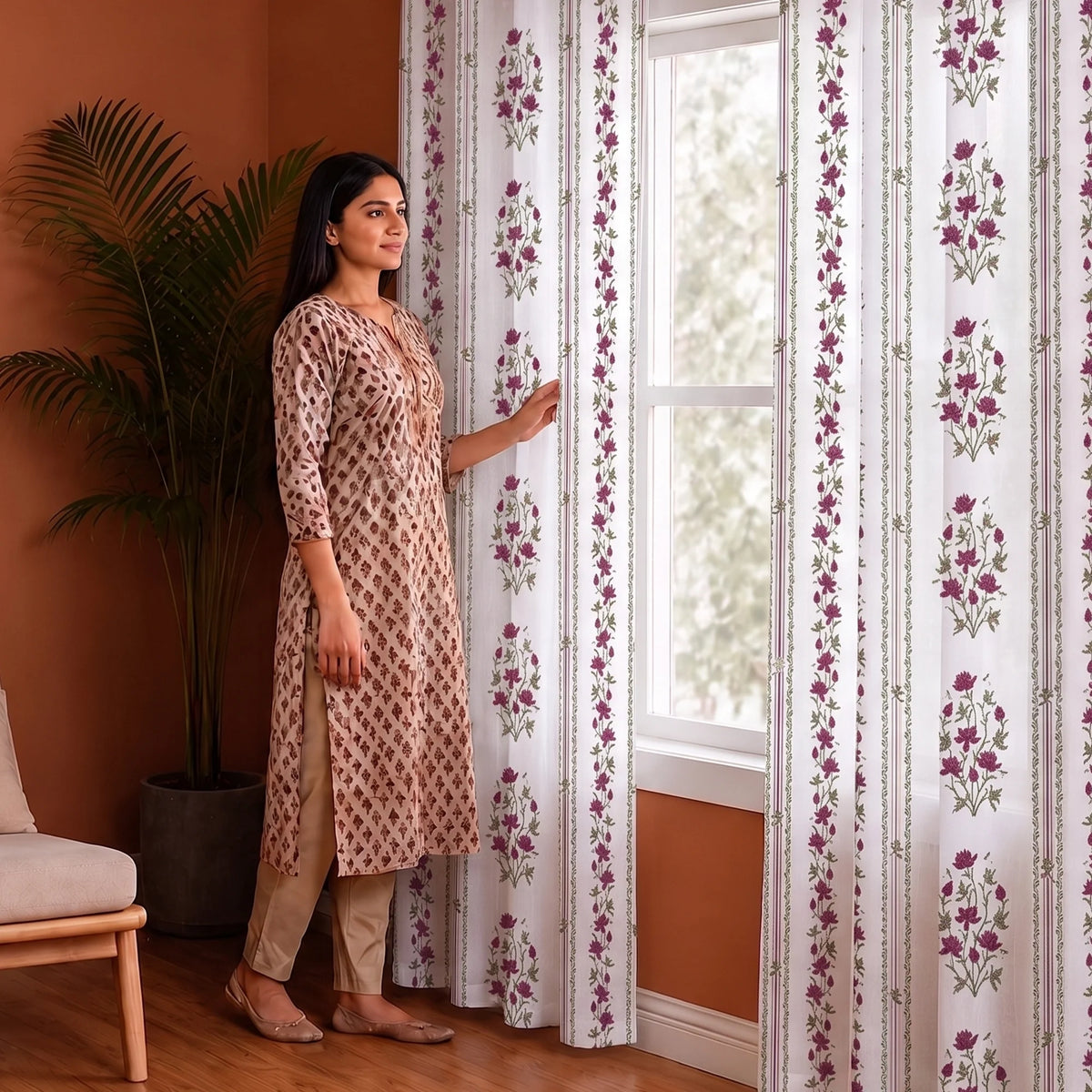 Pink Floral Petal Stripe Eyelet Printed duck Curtain-5
