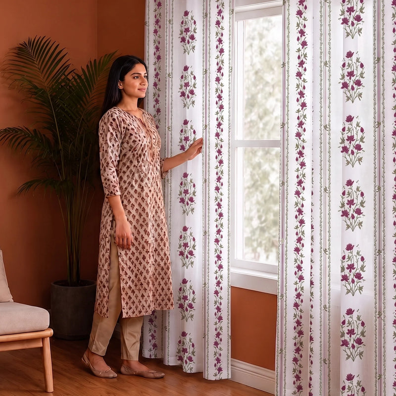 Pink Floral Petal Stripe Eyelet Printed duck Curtain-5