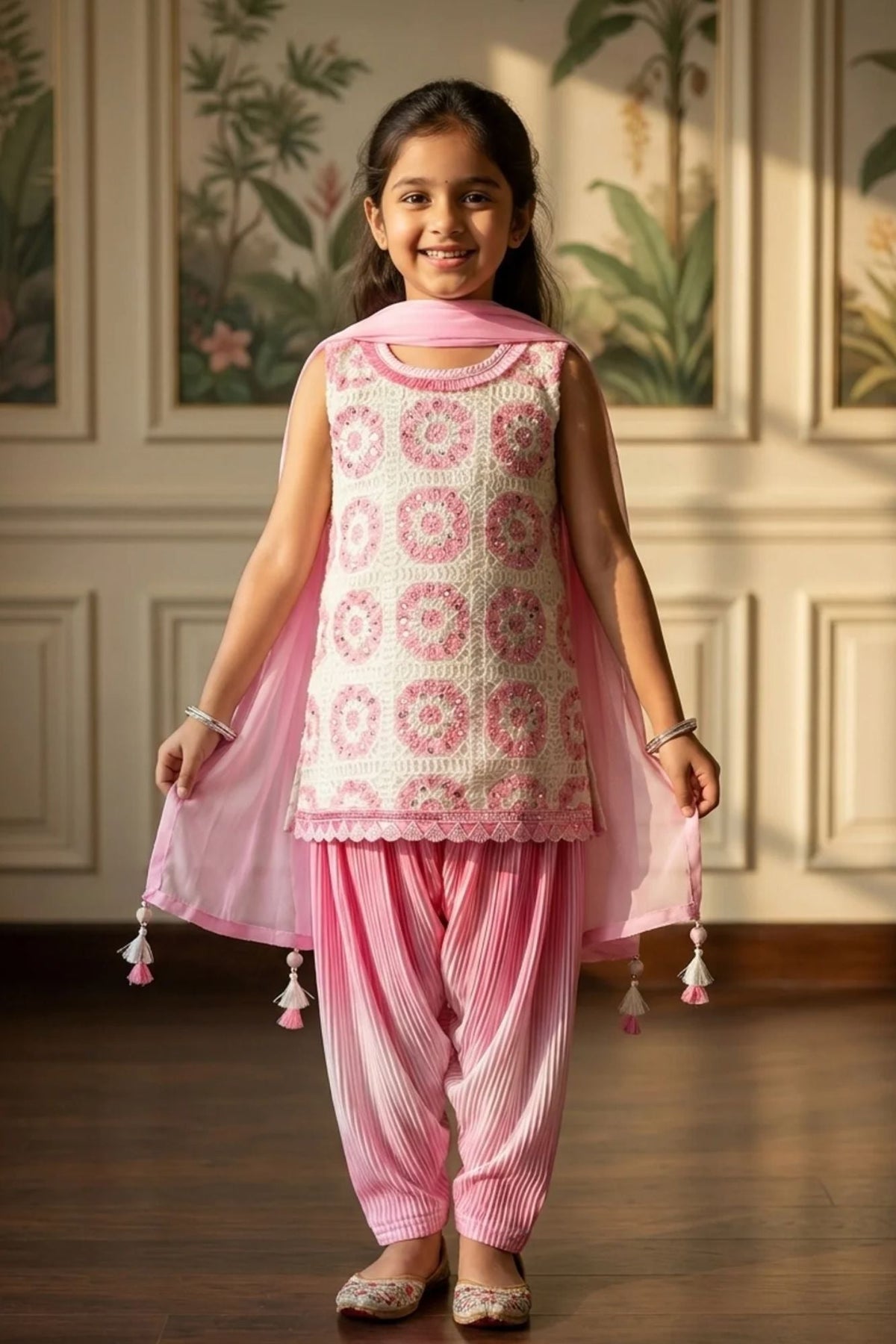 Pink And White Embroidered Patiala Set with Dupatta For Girls