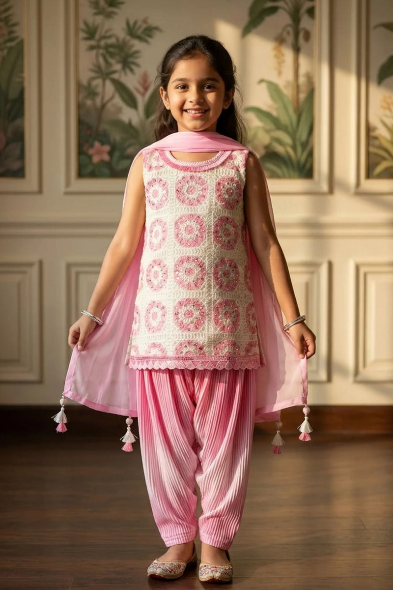 Pink And White Embroidered Patiala Set with Dupatta For Girls