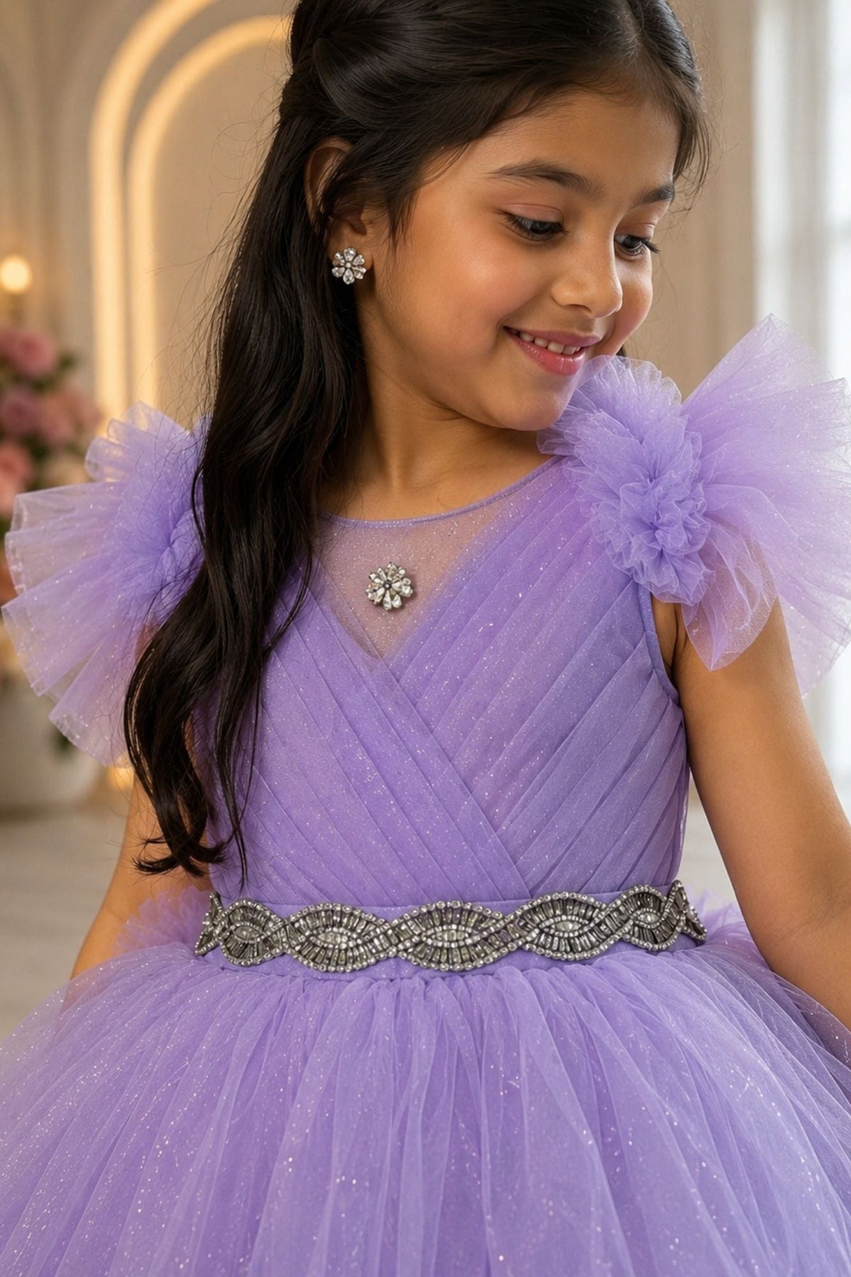 Lavender Layered Ruffle High-Low Party Wear Frock For Girls