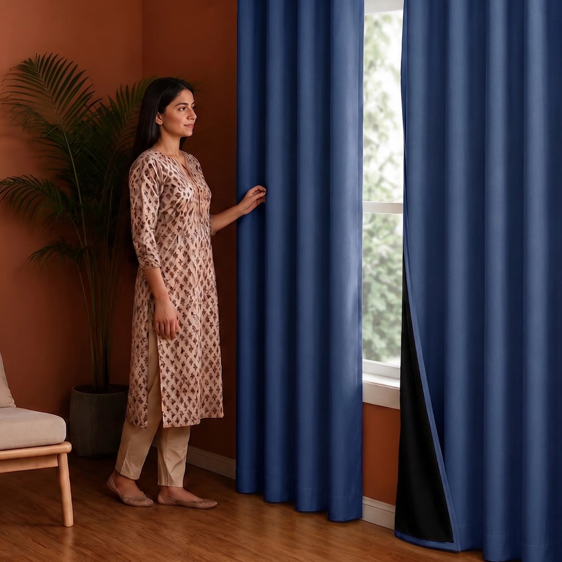 Fort Essential - Black Backing Solid Blackout Curtain (Navy Blue)-5