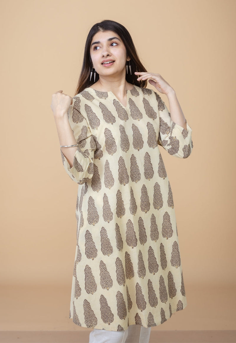 Daksha Beige Ajrakh Cotton A Line Kurta