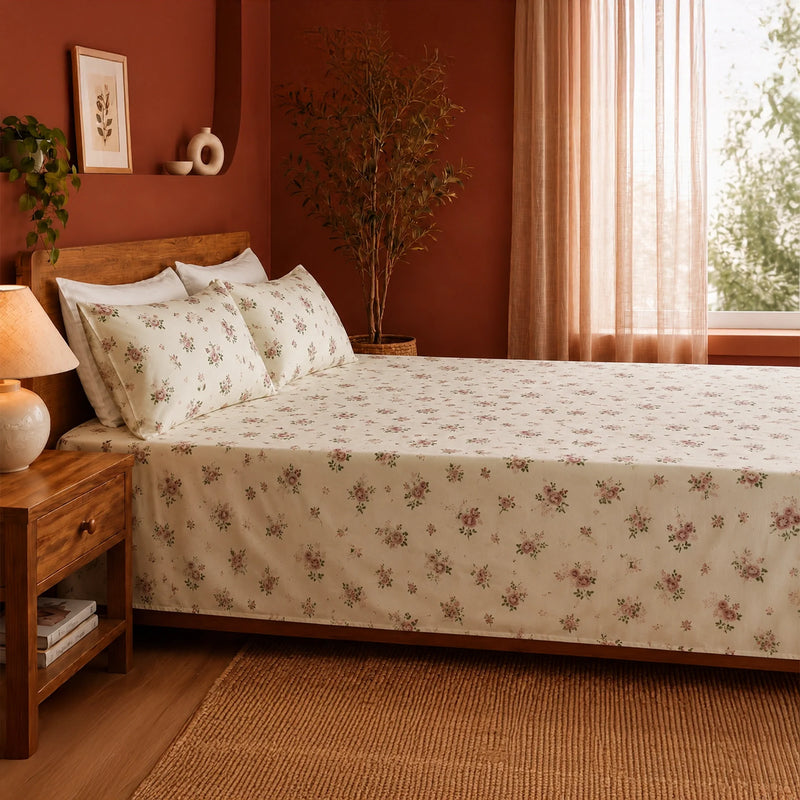 Blush Garden - White Floral Bedsheet-5