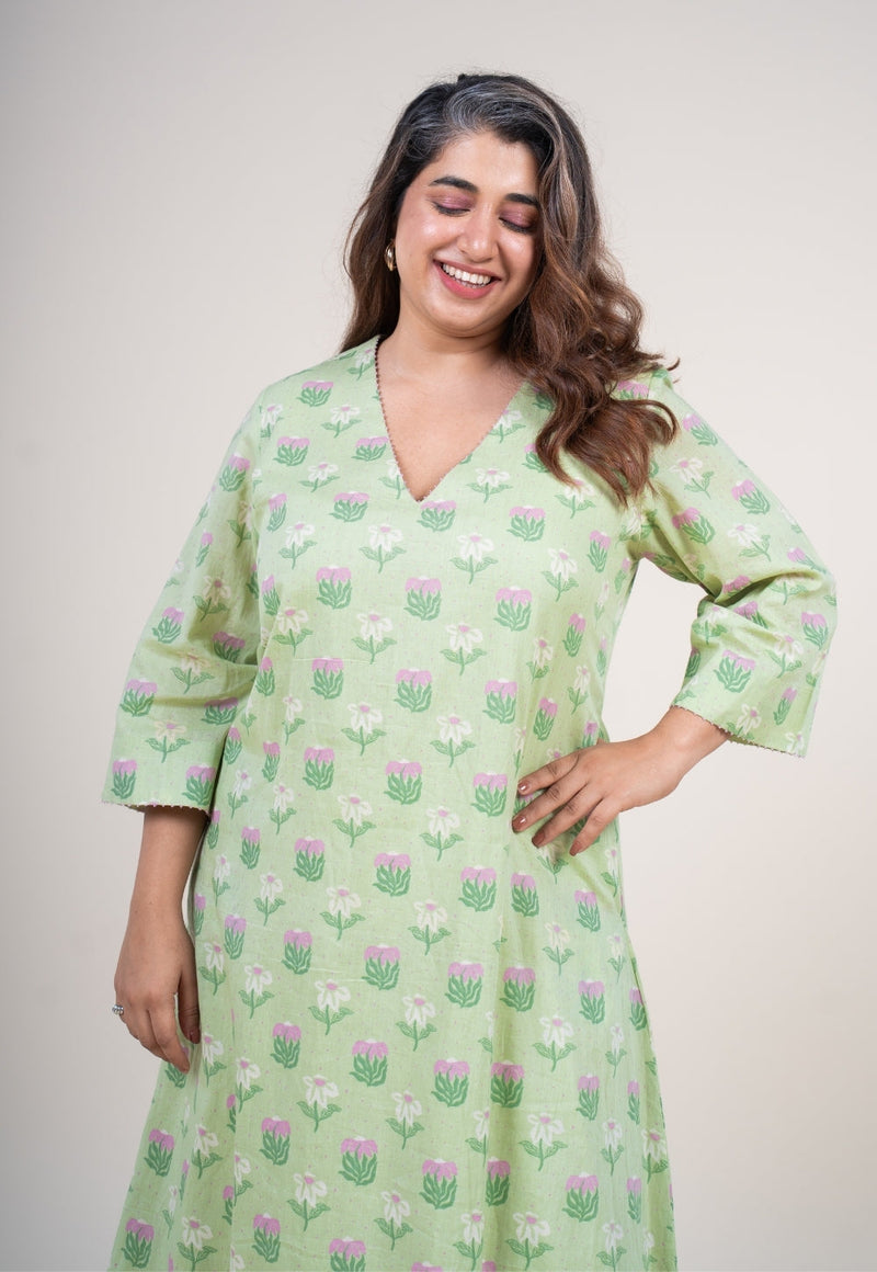 Reva Mint Green Printed Mul A Line Kurta with Hand Embroidery