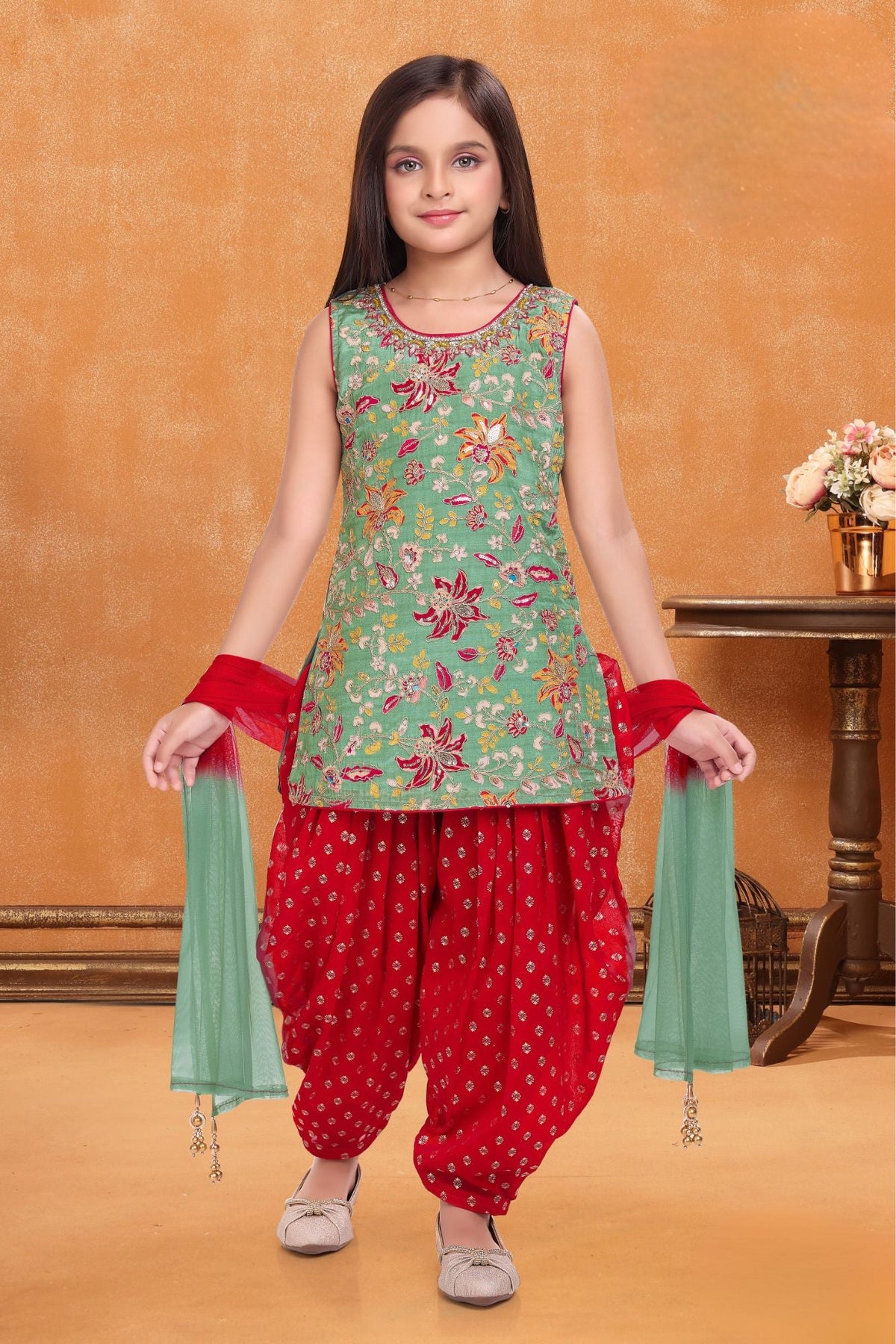 Mint Green Embroidered Patiala And Dupatta For Girls
