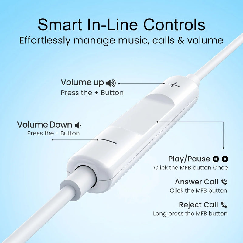 Hammer Nova 4 Lightning Earphones with Mic, Ergonomic Half In-Ear Wired Earphones for iPhones - White-5