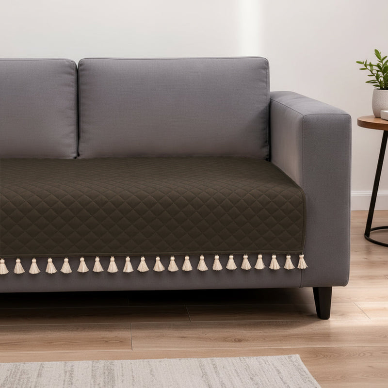 Quilted Velvet Sofa Cover with Tassels (Brown)-8