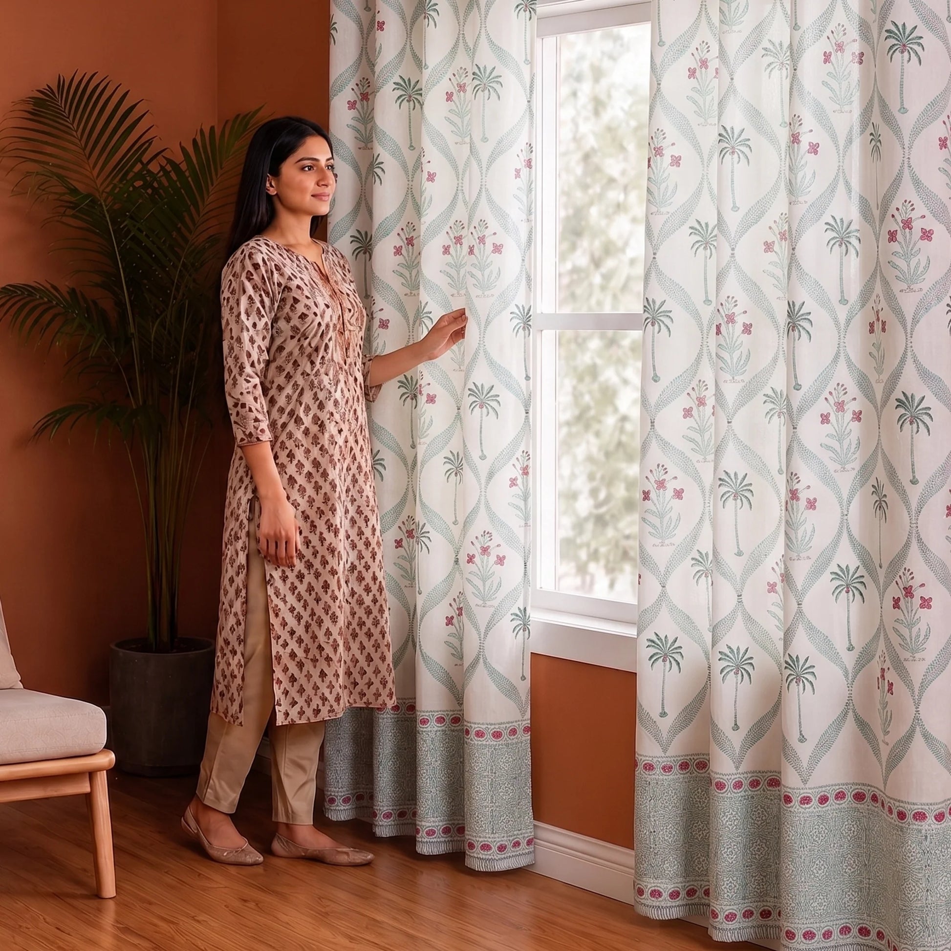 Island Trellis Eyelet Handblock Printed duck Curtain-5