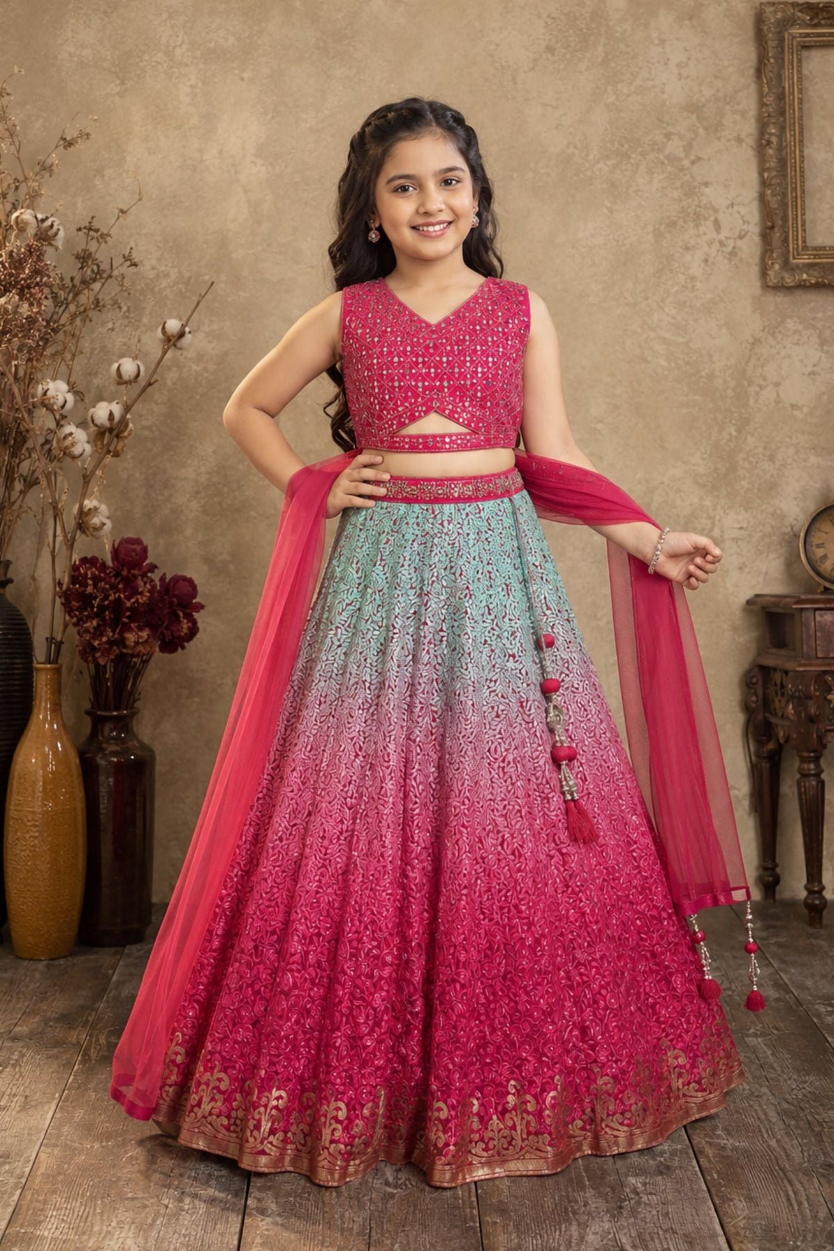 Pink and Aqua Mirror embroidered Lehenga Choli Set with Dupatta